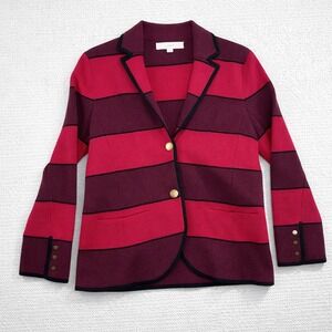 LOFT Women's Striped Blazer Jacket Burgundy Pink Black Gold Button Size L
